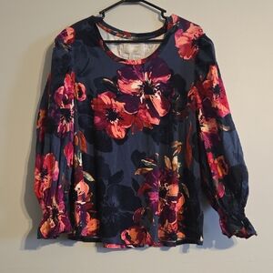 Cupio Blush Maroon And Navy Floral Blouse With Puff Sleeves, 1X NWT
